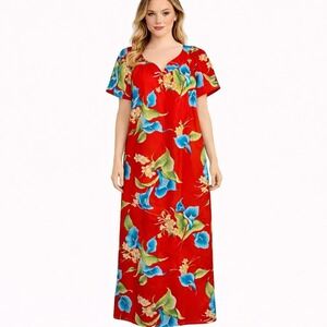 Vintage Hilo Hattie Maxi Dress Large Red Floral Hawaiian Resort Mumu